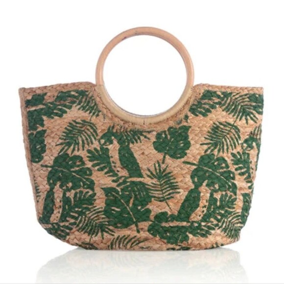 Shiraleah Jute Circle Wood Handle Tote Painted Green & Natural - Picture 1 of 12